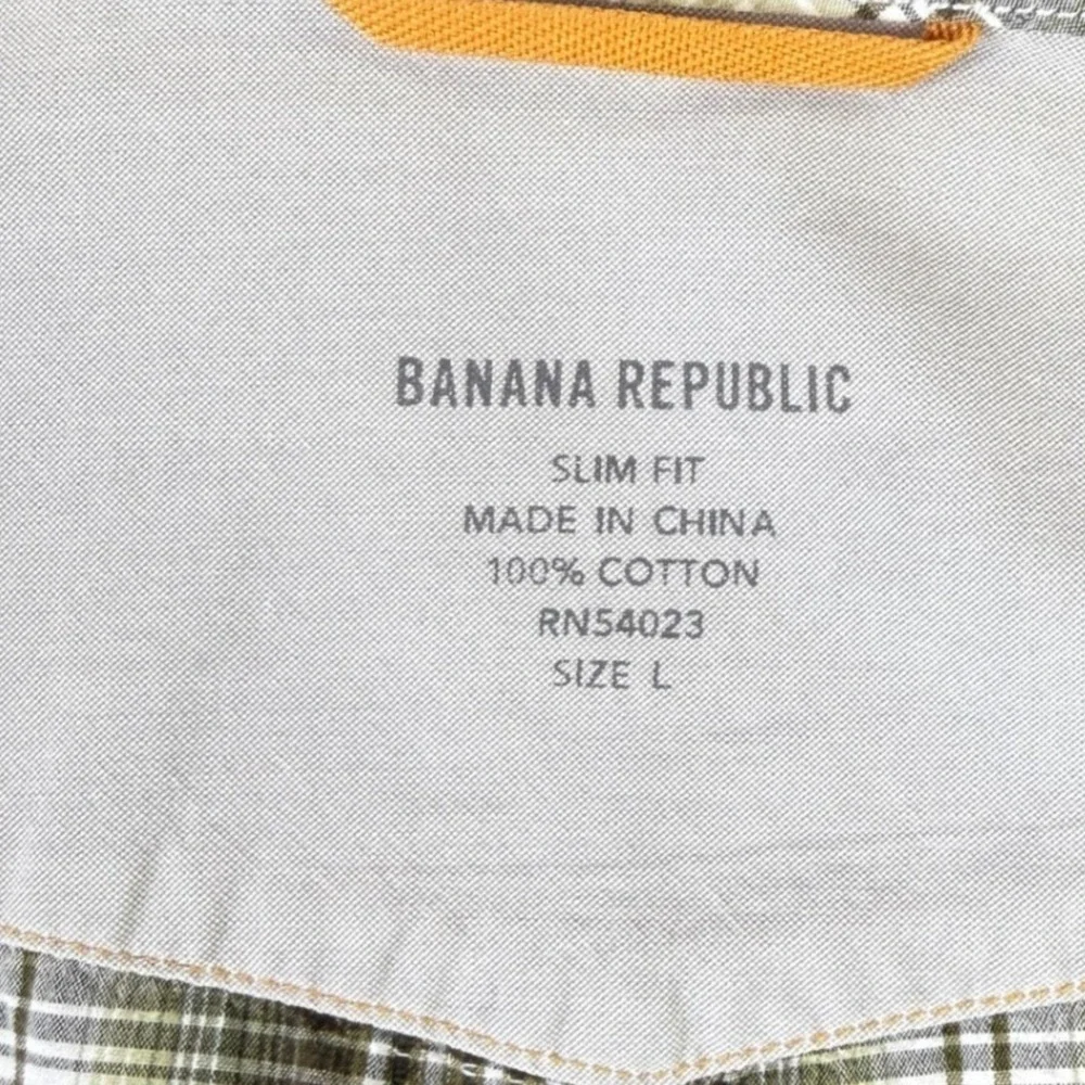 Banana Republic Western Shirt Mens Large Olive Green Plaid Pearl Snap Slim Fit